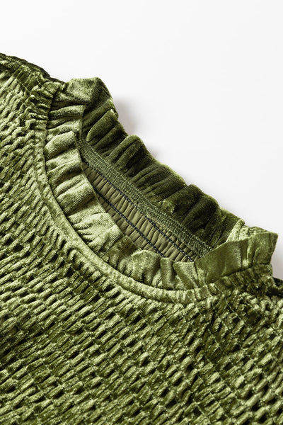 Elegant Moss Green Velvet Dress for Women with Frilled Neck, Smocked Bodice, and Flattering Fit for Special Occasions
