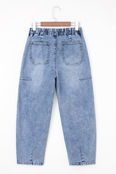 High-Waisted Cotton Blend Barrel Jeans in Medium Blue with practical styling and dependable silhouette control.