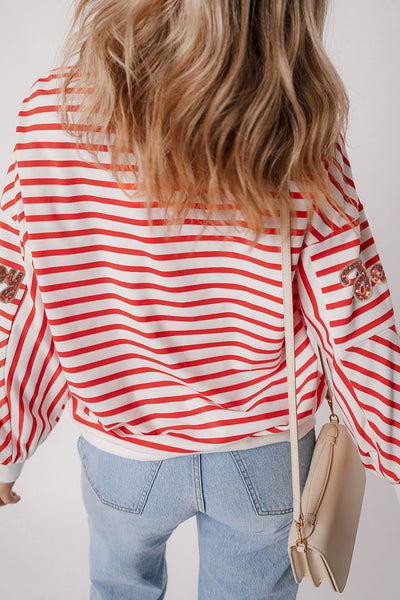 Women's Red Striped Sequin Joy Graphic Christmas Sweatshirt