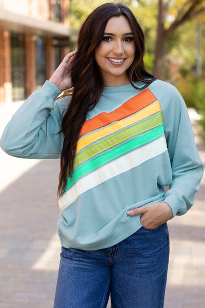 Cozy Women's Beau Blue Rainbow Colorblock Striped Pullover Sweatshirt for Casual Chic Style and Comfort