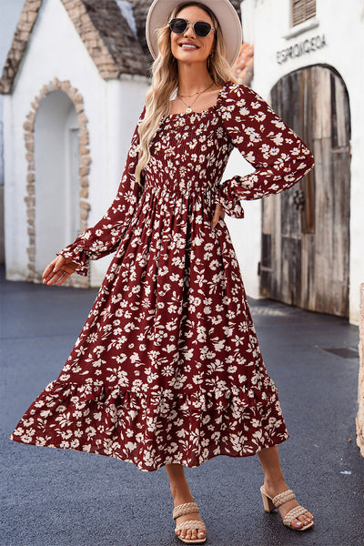Women's Red Floral Smocked Maxi Dress with Square Neck