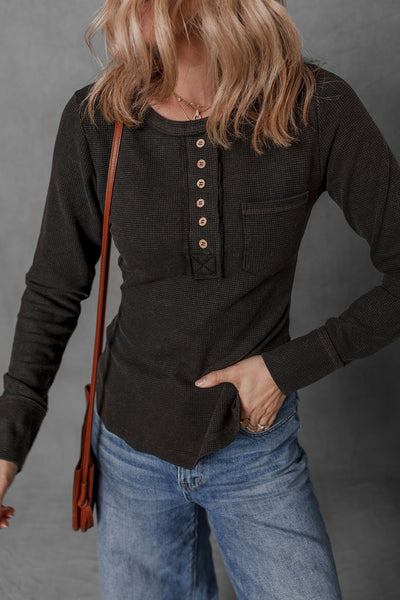 Women's Casual Black Mineral Wash Long Sleeve Henley Top with Waffle Knit and Pocket Perfect for Everyday Wear