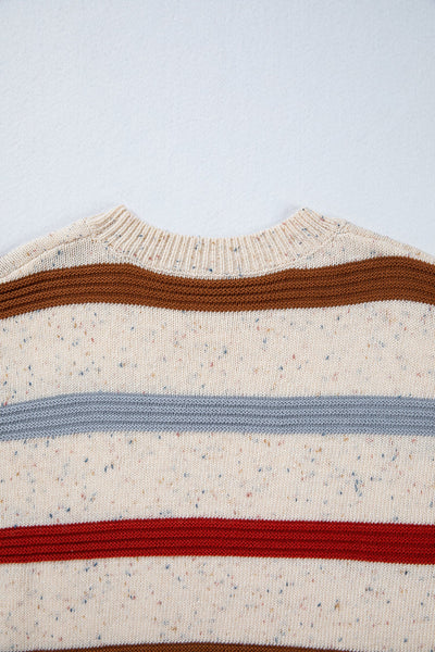 Women's Beige Multi-Stripe Knit Sweater with Wool Blend