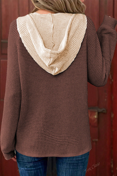 Cozy Women's Coffee Waffle Knit Half Button Hooded Pullover - Stylish Layering Top in Trendy Brown for Casual Comfort