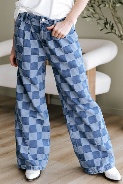 Dusk Blue Checkered Wide Leg Denim Jeans for Women - Stylish, Comfortable Fit for Casual and Chic Looks