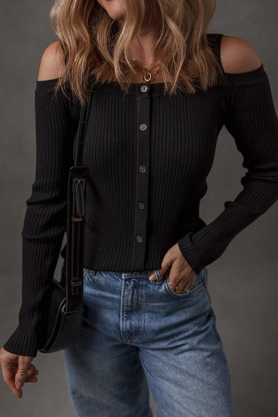 Chic Black Ribbed Knit Cold Shoulder Sweater with Button Front for Trendy Women‚Äôs Fashion