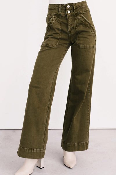 Women's Jungle Green Wide Leg Mica Denim Jeans - Effortlessly Chic Casual Fit for Everyday Style and Comfort
