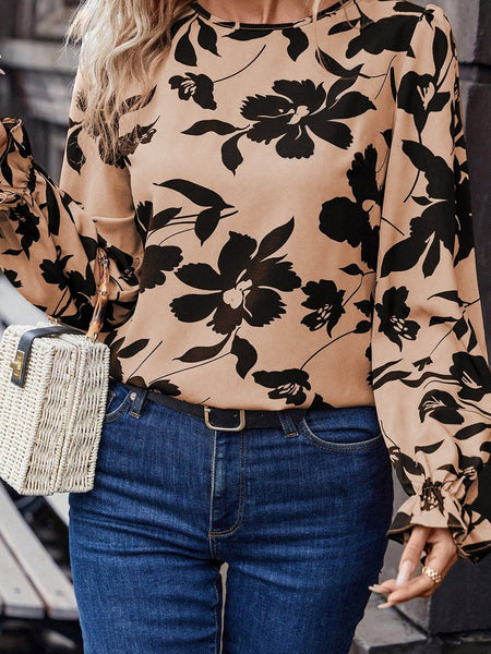 Khaki Floral Flounce Sleeve Back Knot Detail Blouse