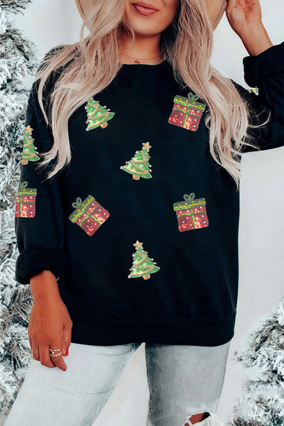 Women's Black Sequin Christmas Tree Sweatshirt with Drop Shoulders