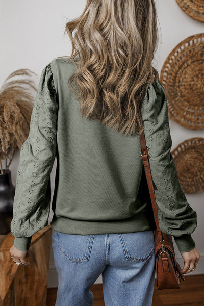 Cozy Women's Grayish Green Patchwork Sweatshirt with Round Neck and Long Sleeves for Casual Style and Comfort