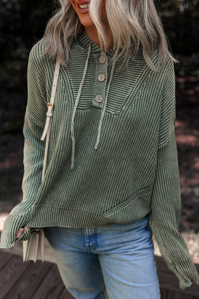 Women's Mist Green Ribbed Knit Hooded Pullover Sweater - Cozy Casual Style with Drawstring and Mineral Wash Finish