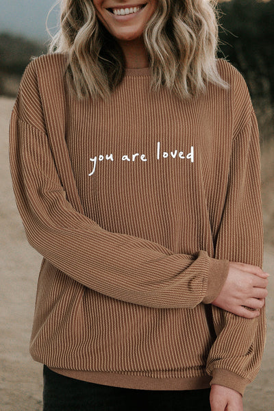 Women's Cozy Khaki "You Are Loved" Graphic Corduroy Sweatshirt - Casual Fit for Effortless Everyday Style