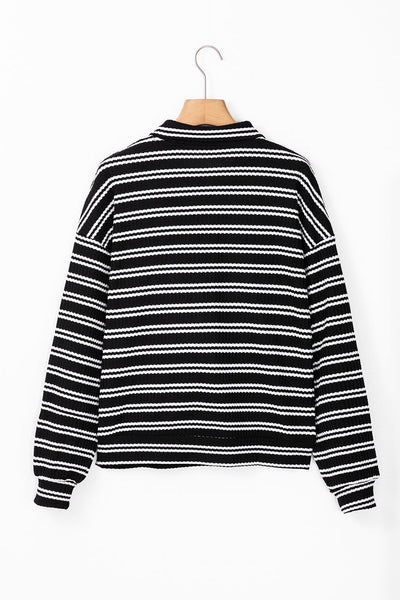 Women's Textured Black Striped Quarter Zip Long Sleeve Top - Stylish Fit for Casual Outings and Everyday Wear