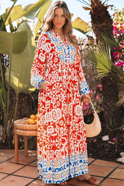 Women's Flowy Orange Boho Maxi Dress with Geometric Print and Long Sleeves for Effortless Style and Comfort