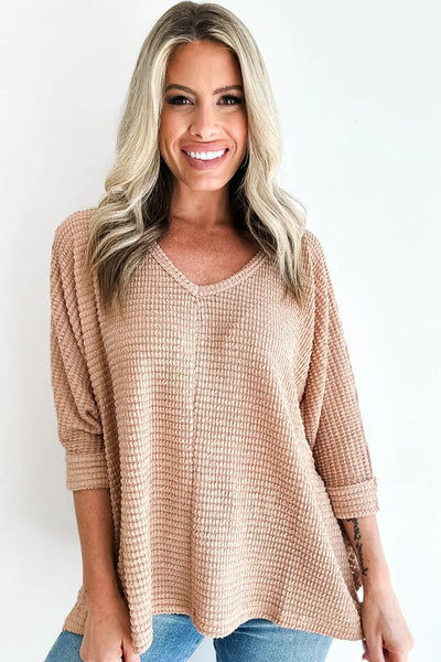 Effortless Casual Women's Light Beige 3/4 Sleeve V-Neck Textured Knit Top in Loose Fit for Everyday Wear