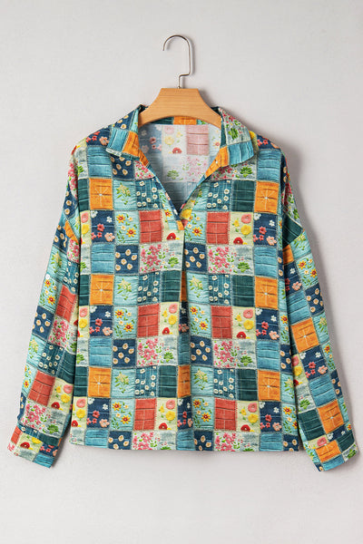 Women's Patchwork Floral Print Long Sleeve V-Neck Blouse