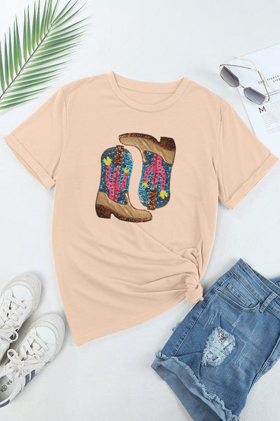 Khaki Sequin Embellished Western Boots & Graphic Tee Combo