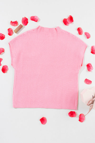 Chic Women's Pink Ribbed Knit Sweater with Short Sleeves and Stylish Patch Pockets for Effortless Casual Style