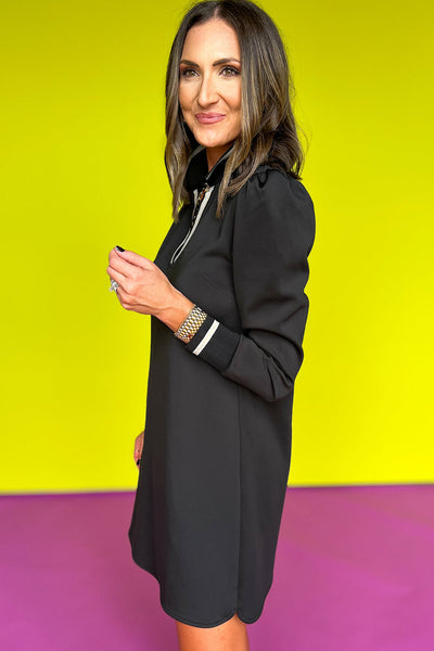 Chic Women's Black Striped V-Neck Collared Mini Dress - Long Sleeve Shift Style for Effortless Elegance and Comfort