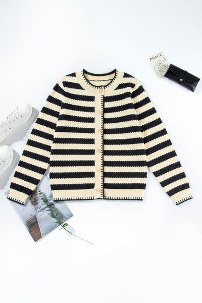 Stylish Women's Black and White Striped Cardigan - Soft Knit, Cozy Fit, Ideal for Layering and Everyday Wear