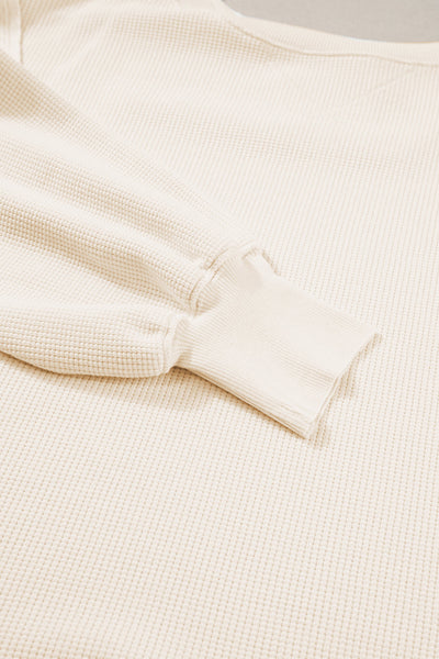 Women's Oversized White Waffle Knit Top with Bishop Sleeves and Trendy Split Detail for Effortless Chic Style