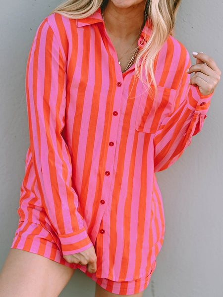 Orange Stripe Print Shirt and Shorts Lounge Set