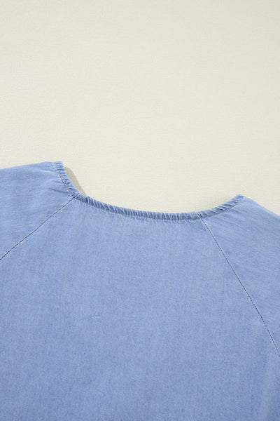 Flirty Women's Beau Blue Chambray Mini Dress with Puff Sleeves, V-Neck, and Tiered Ruffles for Summer Style