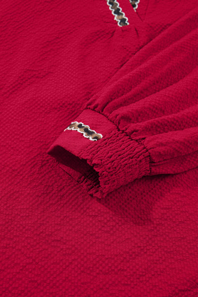 Women's Racing Red Leopard Trim V-Neck Blouse in Textured Crepe