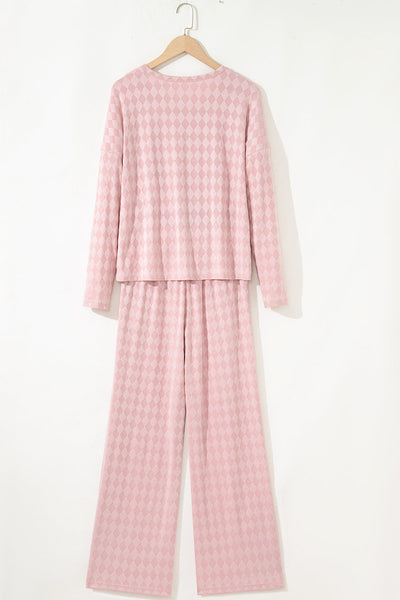 Chic Light Pink Knit Lounge Set for Women - Cozy Long Sleeve Top & Pocketed Drawstring Pants with Stylish Rhombus Design