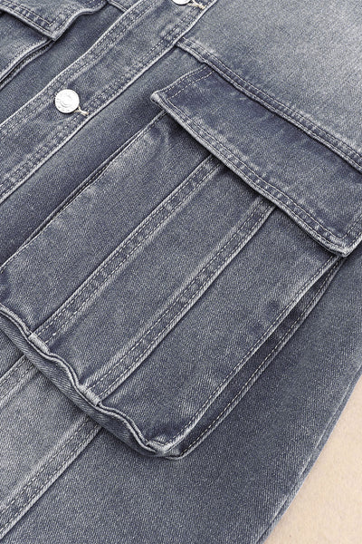 Casual Women's Gray Denim Jacket with Chest Pockets, Drop Shoulder Design, Relaxed Fit for Effortless Everyday Style