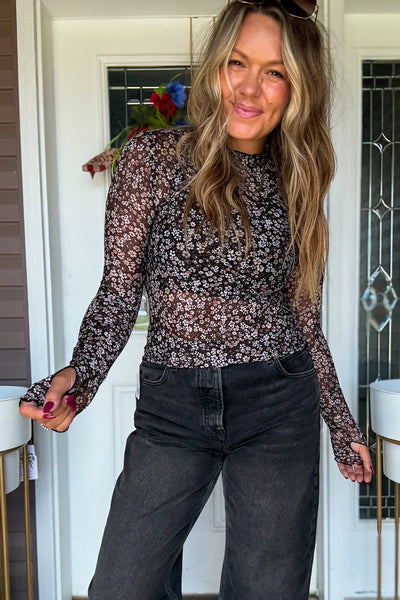 Women's Black Ditsy Floral Mesh Top with Thumbhole Sleeves - Trendy Casual Wear for Effortless Style and Comfort