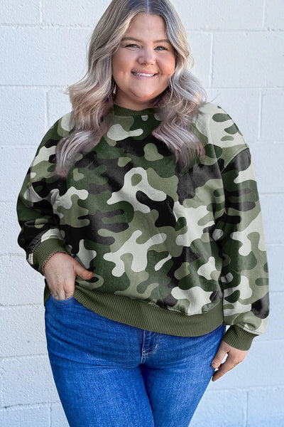 Plus Size Women's Green Camo Sweatshirt with Ribbed Trim Stylish Comfort for Casual Outfits