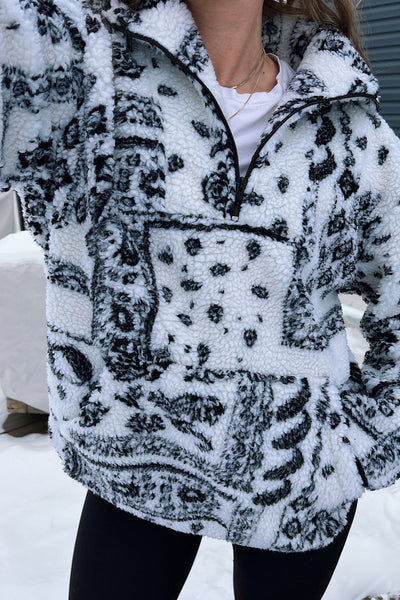 Cozy Oversized Black Sherpa Quarter Zip Sweatshirt for Women with Trendy Western Print Stylish Casual Top