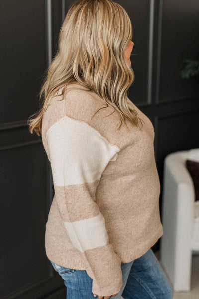 Plus Size Women's Stylish Color Block Sweater in Parchment with Buttoned Notched Neck and Trendy Long Sleeves