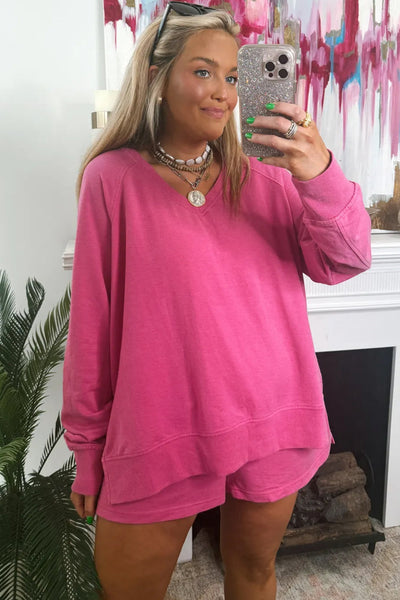 Women's Strawberry Pink V-Neck Long Sleeve Pullover & Loose Shorts Lounge Set for Cozy Comfort and Chic Style
