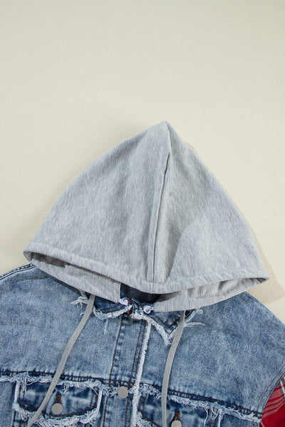 Women's Casual Beau Blue Plaid Denim Jacket with Hood and Raw Hem - Trendy Patchwork Style for Everyday Wear