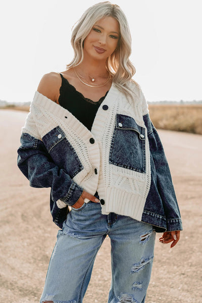 Cozy Oversized Beige Women's Chunky Knit Cardigan with Denim Patchwork for Chic Fall Fashion