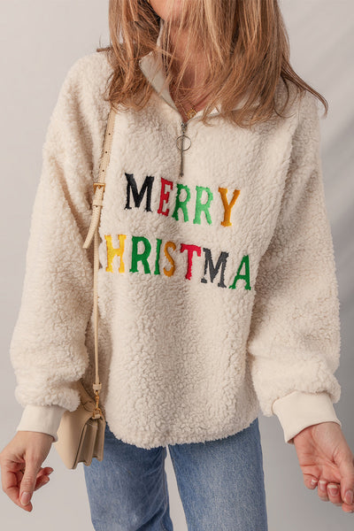 Cozy Women's Jet Stream Sherpa Quarter Zip Sweatshirt with Colorful Letter Embroidery - Perfect for Holiday Style