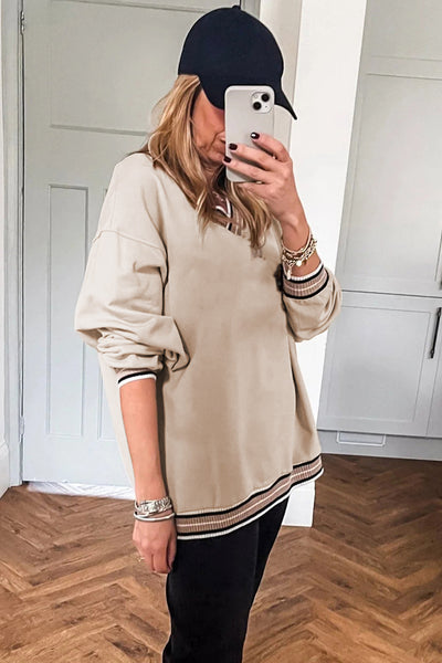 Women's Stylish Parchment Varsity V-Neck Sweatshirt with Contrast Striped Trim - Comfortable Casual Wear Top