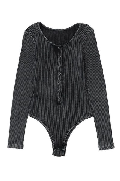 Vintage Black Ribbed Snap Button Bodysuit with Mineral Wash Hue