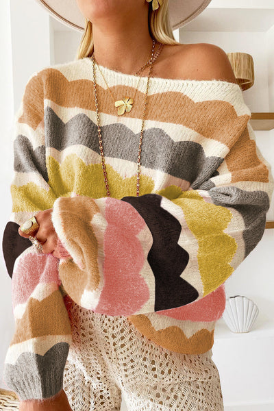 Trendy Women's Yellow Striped Balloon Sleeve Sweater - Cozy Drop Shoulder Design for Stylish Fall Fashion