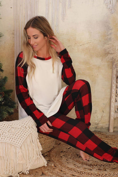 Cozy Red Plaid Lounge Set with Raglan Sleeves and Drawstring Pants