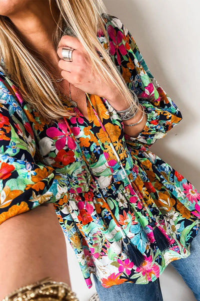 Chic Women's Multicolor Floral Ruffled Blouse with Bubble Sleeves and V-Neck for Effortless Everyday Style