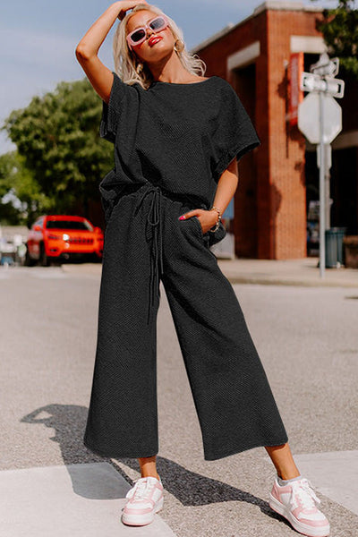Chic Black Textured T-Shirt and Drawstring Pants Set for Women - Effortless Loose Fit Everyday Style