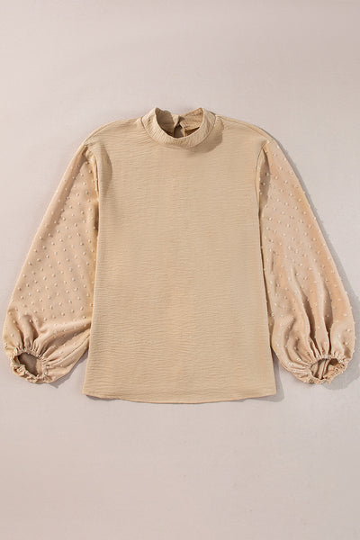 Elegant Women's Parchment Swiss Dot Balloon Sleeve Blouse - Loose Fit for Chic Casual Styles and Everyday Wear
