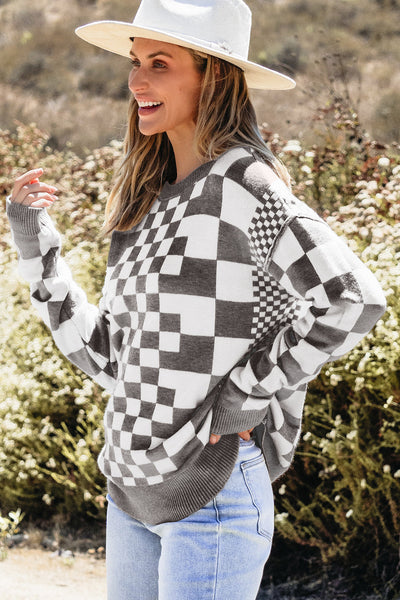 Cozy Gray Checkered Drop Shoulder Sweater for Women - Chic Round Neck Knit Top for Effortless Casual Style