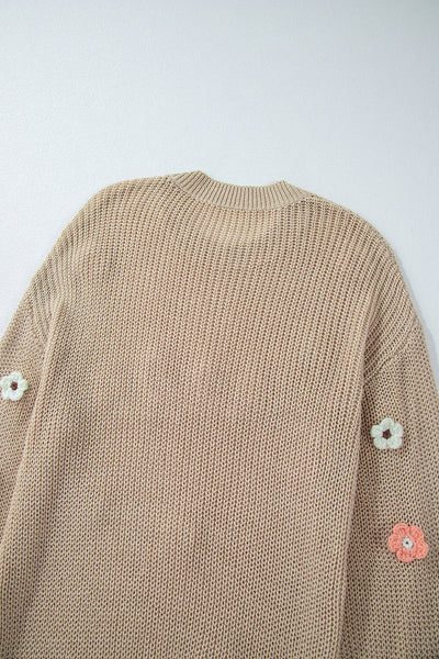 Cozy Women's Floral Embroidered Knit Sweater in Parchment - Loose Fit for Casual Outings and Everyday Comfort