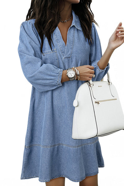 Stylish Women's Beau Blue Denim Dress with V-Neck, Collared Long Sleeves, and Chic Chest Pocket for Effortless Elegance