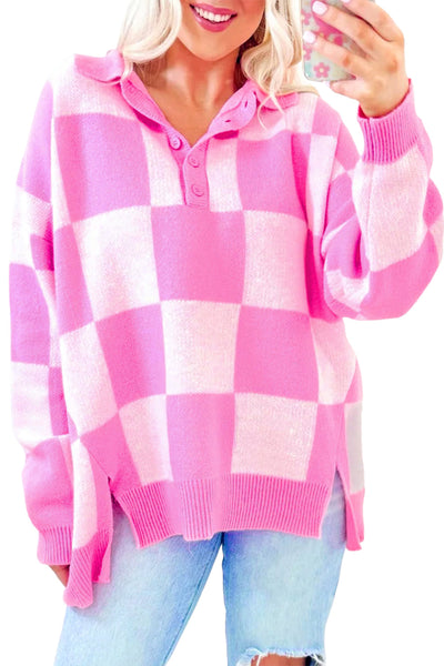Cozy Women's Pink Checkerboard Drop Shoulder Sweater with Half Button Collar - Effortlessly Chic Casual Style