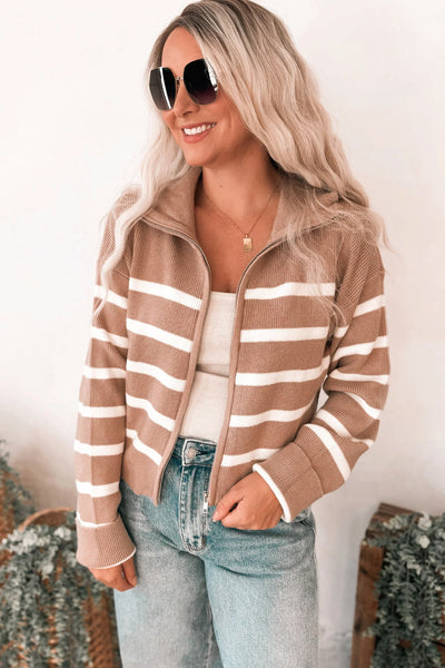 Women's Cozy Khaki Stripe Ribbed Knit Zip-Up Cardigan Sweater with Drop Shoulders for Effortless Style and Comfort